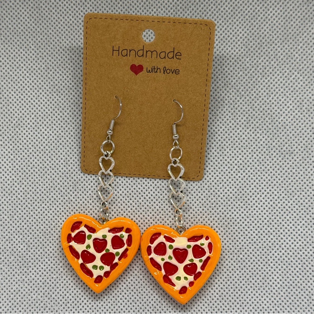 Handmade Triple Heart Dangle Heart Shaped Pizza Earrings